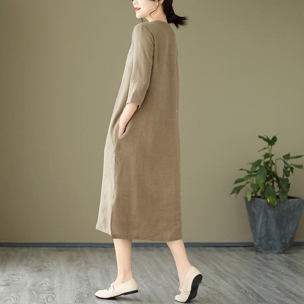 Buddha Stones Vintage Embroidery Three Quarter Sleeve Cotton Linen Midi Dress With Pockets - image 4