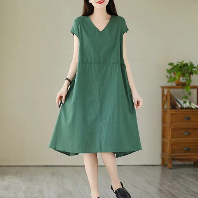 Buddha Stones Casual Pure Color Lace-Up Short Sleeve Cotton Linen Midi Dress With Pockets - SeaGreen - US12，UK/AU16，EU44 (3XL) - image 1