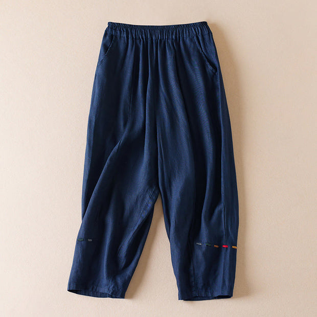 Buddha Stones Colored Thread 7-8 Length Women's Harem Cotton Linen Pants With Pockets - Navy - US8-10，UK/AU12-14，EU40-42 (2XL) - image 10