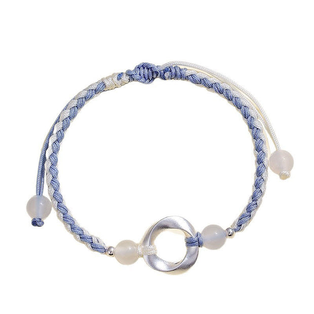 Buddha Stones 925 Sterling Silver Mobius White Agate Bead Braided String Protection Bracelet - image 4