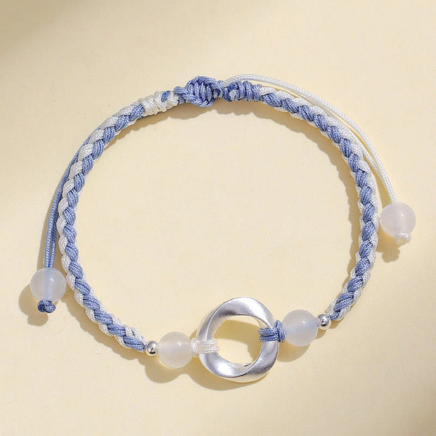 Buddha Stones 925 Sterling Silver Mobius White Agate Bead Braided String Protection Bracelet - image 3