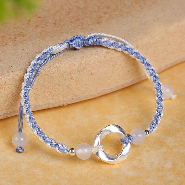 Buddha Stones 925 Sterling Silver Mobius White Agate Bead Braided String Protection Bracelet - 925 Sterling Silver Blue String(Wrist Circumference: 15-18cm) - image 1