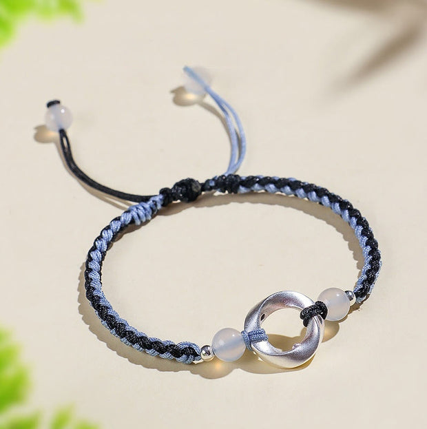 Buddha Stones 925 Sterling Silver Mobius White Agate Bead Braided String Protection Bracelet - 925 Sterling Silver Black String(Wrist Circumference: 15-18cm) - image 6