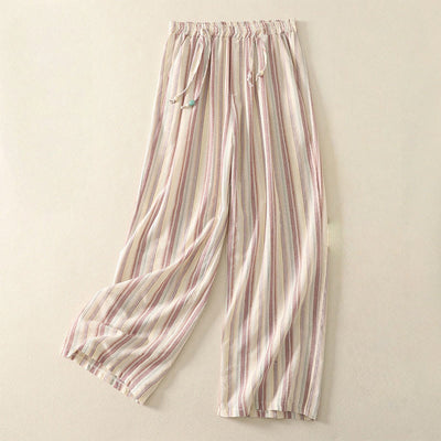 Buddha Stones Color Vertical Stripes Cotton Women's Wide Leg Pants With Pockets - PapayaWhip - US8-10，UK/AU12-14，EU40-42 (2XL) - image 1
