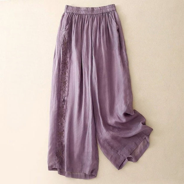 Buddha Stones Side Embroidery Design Cotton Women's 7-8 Length Wide Leg Pants With Pockets - MediumOrchid - US12，UK/AU16，EU44 (3XL) - image 1