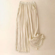 Buddha Stones Side Embroidery Design Cotton Women's 7-8 Length Wide Leg Pants With Pockets - LemonChiffon - US12，UK/AU16，EU44 (3XL) - image 7