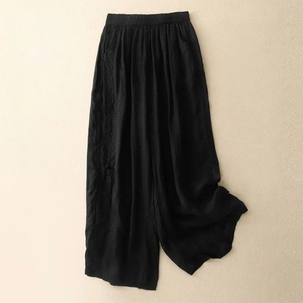 Buddha Stones Side Embroidery Design Cotton Women's 7-8 Length Wide Leg Pants With Pockets - Black - US12，UK/AU16，EU44 (3XL) - image 15