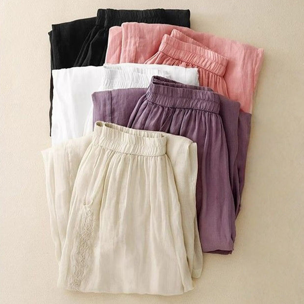 Buddha Stones Side Embroidery Design Cotton Women's 7-8 Length Wide Leg Pants With Pockets - image 19