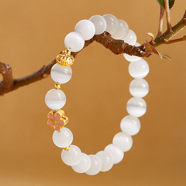 Buddha Stones 925 Sterling Silver Peach Blossom Lucky Bag White Cat's Eye Luck Bracelet - image 3