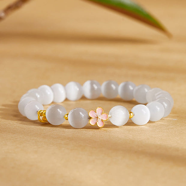 Buddha Stones 925 Sterling Silver Peach Blossom Lucky Bag White Cat's Eye Luck Bracelet - White Cat's Eye(Wrist Circumference: 17-19cm) - image 1