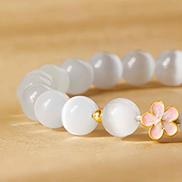 Buddha Stones 925 Sterling Silver Peach Blossom Lucky Bag White Cat's Eye Luck Bracelet - image 5