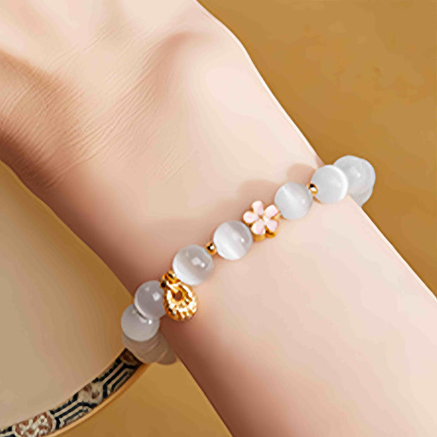 Buddha Stones 925 Sterling Silver Peach Blossom Lucky Bag White Cat's Eye Luck Bracelet - image 10