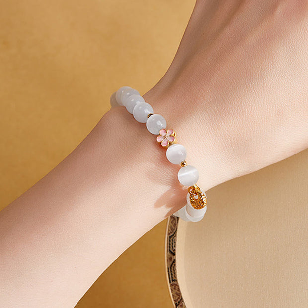 Buddha Stones 925 Sterling Silver Peach Blossom Lucky Bag White Cat's Eye Luck Bracelet - image 12
