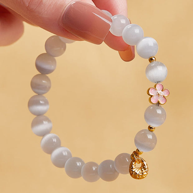 Buddha Stones 925 Sterling Silver Peach Blossom Lucky Bag White Cat's Eye Luck Bracelet - image 4