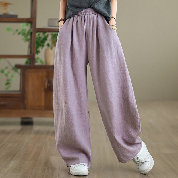 Buddha Stones Casual Plain Cotton Women's Wide Leg Pants With Pockets