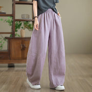 Buddha Stones Casual Plain Cotton Women's Wide Leg Pants With Pockets
