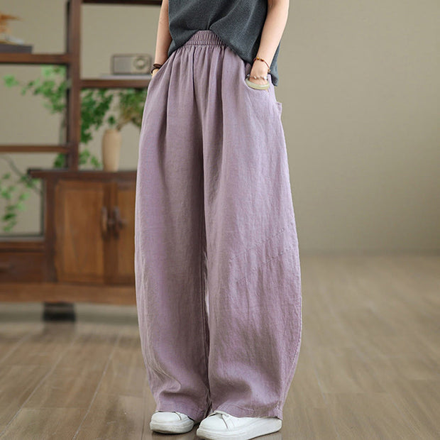Buddha Stones Casual Plain Cotton Women's Wide Leg Pants With Pockets