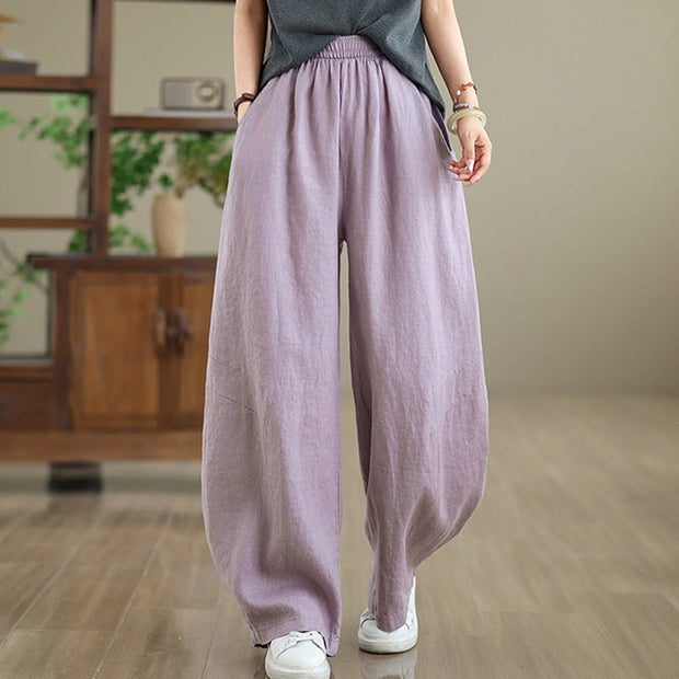 Buddha Stones Casual Plain Cotton Women's Wide Leg Pants With Pockets