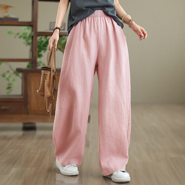 Buddha Stones Casual Plain Cotton Women's Wide Leg Pants With Pockets