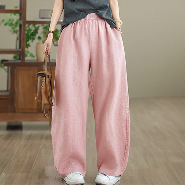 Buddha Stones Casual Plain Cotton Women's Wide Leg Pants With Pockets