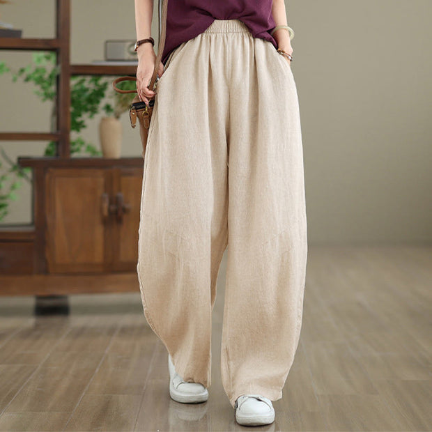 Buddha Stones Casual Plain Cotton Women's Wide Leg Pants With Pockets