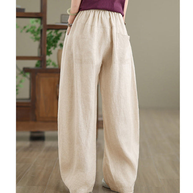 Buddha Stones Casual Plain Cotton Women's Wide Leg Pants With Pockets