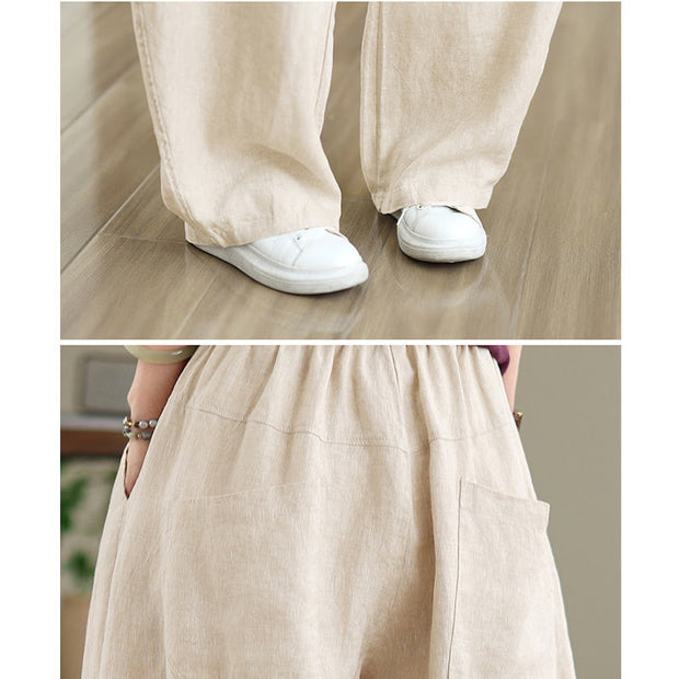 Buddha Stones Casual Plain Cotton Women's Wide Leg Pants With Pockets
