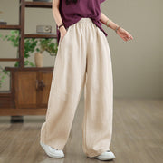 Buddha Stones Casual Plain Cotton Women's Wide Leg Pants With Pockets