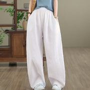 Buddha Stones Casual Plain Cotton Women's Wide Leg Pants With Pockets