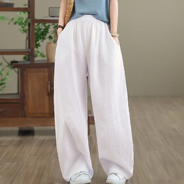 Buddha Stones Casual Plain Cotton Women's Wide Leg Pants With Pockets