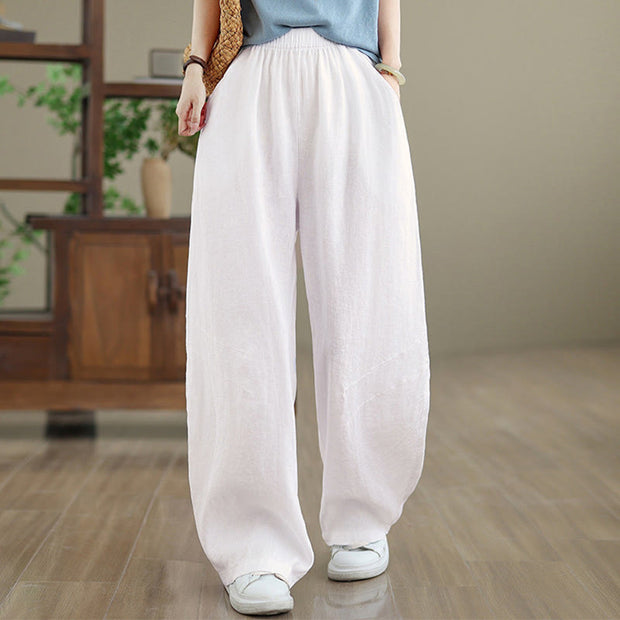 Buddha Stones Casual Plain Cotton Women's Wide Leg Pants With Pockets