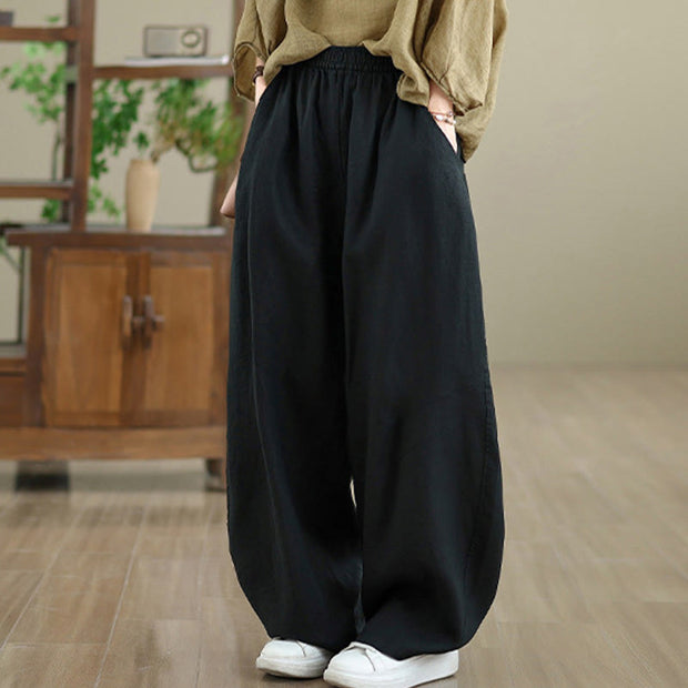 Buddha Stones Casual Plain Cotton Women's Wide Leg Pants With Pockets