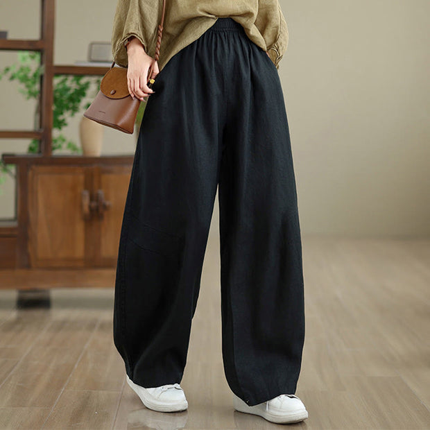 Buddha Stones Casual Plain Cotton Women's Wide Leg Pants With Pockets