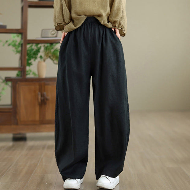 Buddha Stones Casual Plain Cotton Women's Wide Leg Pants With Pockets