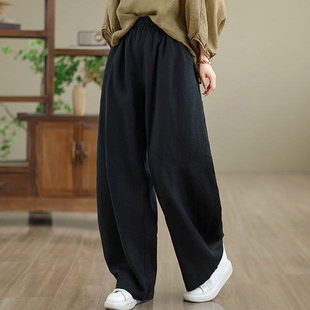 Buddha Stones Casual Plain Cotton Women's Wide Leg Pants With Pockets