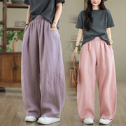 Buddha Stones Casual Plain Cotton Women's Wide Leg Pants With Pockets
