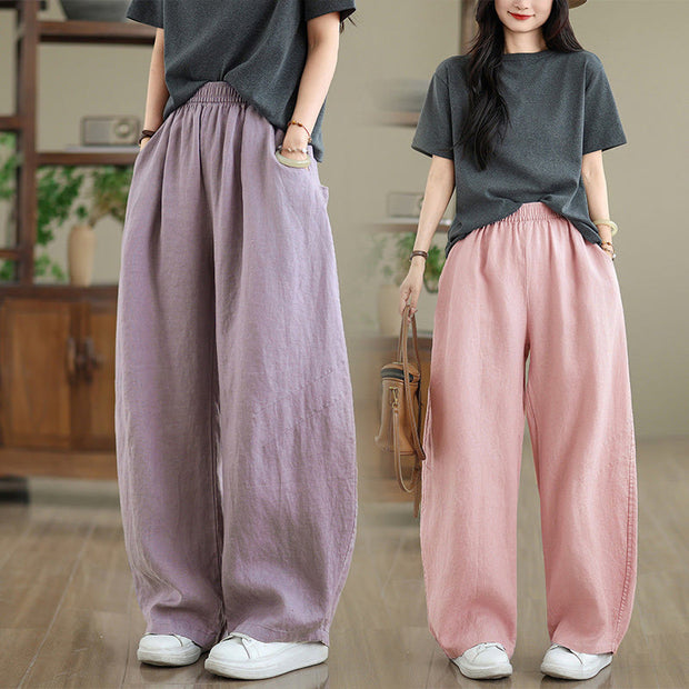 Buddha Stones Casual Plain Cotton Women's Wide Leg Pants With Pockets