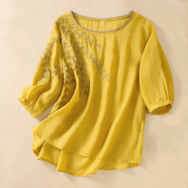 Buddha Stones Embroidery Leaves Women's Cotton Linen Half Sleeve T-shirt - Gold - US8-10，UK/AU12-14，EU40-42 (2XL) - image 1