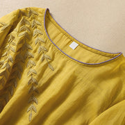 Buddha Stones Embroidery Leaves Women's Cotton Linen Half Sleeve T-shirt - image 5