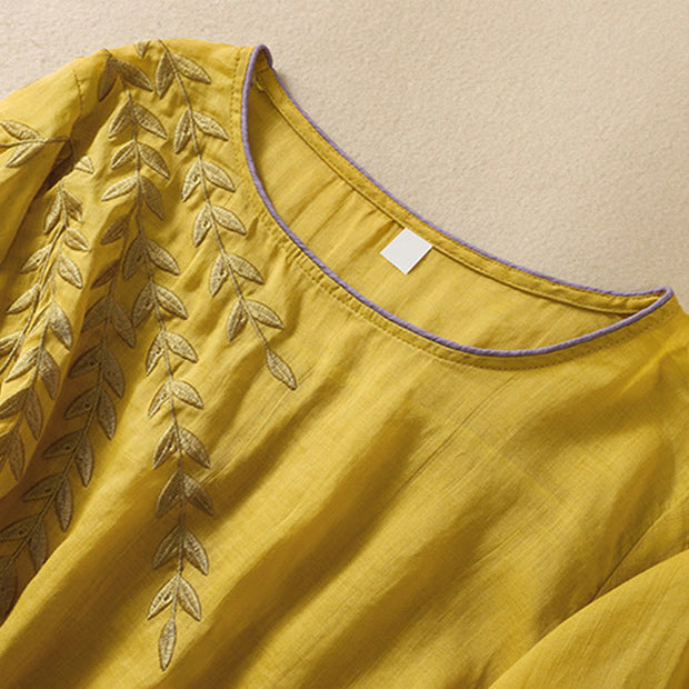 Buddha Stones Embroidery Leaves Women's Cotton Linen Half Sleeve T-shirt - image 5