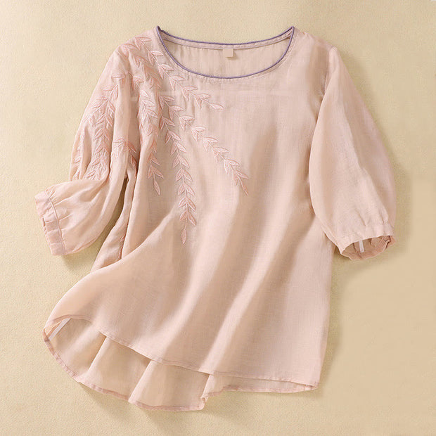 Buddha Stones Embroidery Leaves Women's Cotton Linen Half Sleeve T-shirt - MistyRose - US8-10，UK/AU12-14，EU40-42 (2XL) - image 12