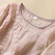 Buddha Stones Embroidery Leaves Women's Cotton Linen Half Sleeve T-shirt - image 18