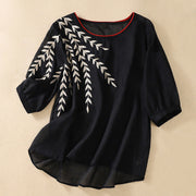 Buddha Stones Embroidery Leaves Women's Cotton Linen Half Sleeve T-shirt - Black - US8-10，UK/AU12-14，EU40-42 (2XL) - image 23