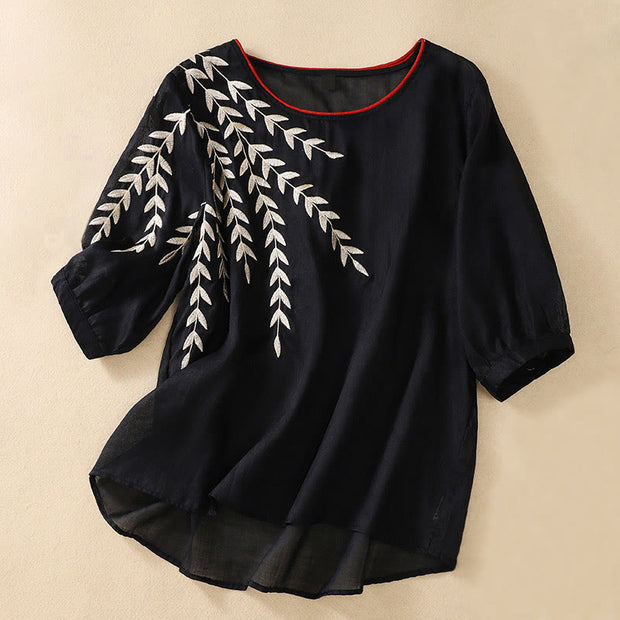 Buddha Stones Embroidery Leaves Women's Cotton Linen Half Sleeve T-shirt - Black - US8-10，UK/AU12-14，EU40-42 (2XL) - image 23