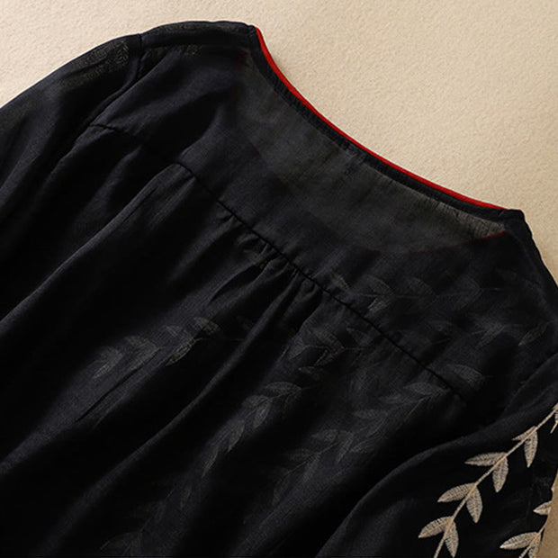 Buddha Stones Embroidery Leaves Women's Cotton Linen Half Sleeve T-shirt - image 26