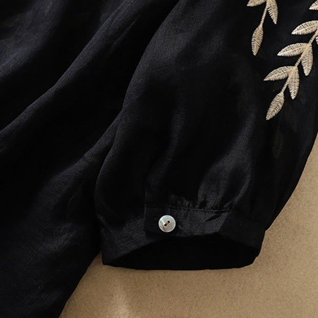 Buddha Stones Embroidery Leaves Women's Cotton Linen Half Sleeve T-shirt - image 27