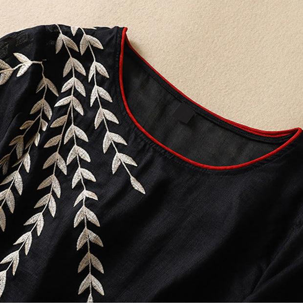 Buddha Stones Embroidery Leaves Women's Cotton Linen Half Sleeve T-shirt - image 25
