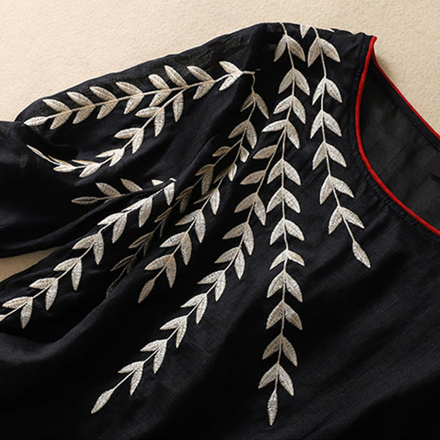 Buddha Stones Embroidery Leaves Women's Cotton Linen Half Sleeve T-shirt - image 30
