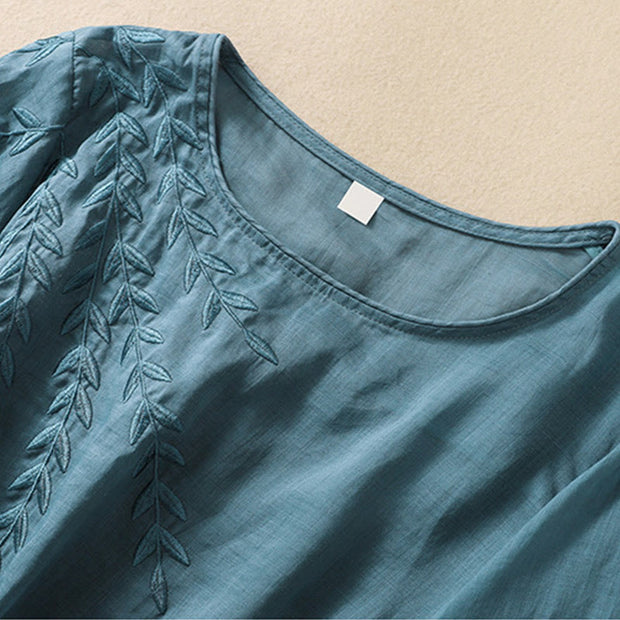 Buddha Stones Embroidery Leaves Women's Cotton Linen Half Sleeve T-shirt - image 33
