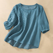 Buddha Stones Embroidery Leaves Women's Cotton Linen Half Sleeve T-shirt - SteelBlue - US8-10，UK/AU12-14，EU40-42 (2XL) - image 31
